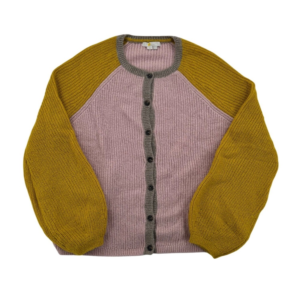 Boden Cardigan Women 10 Pink Yellow Excellent Fluffy Colorblock Balloon Sleeve